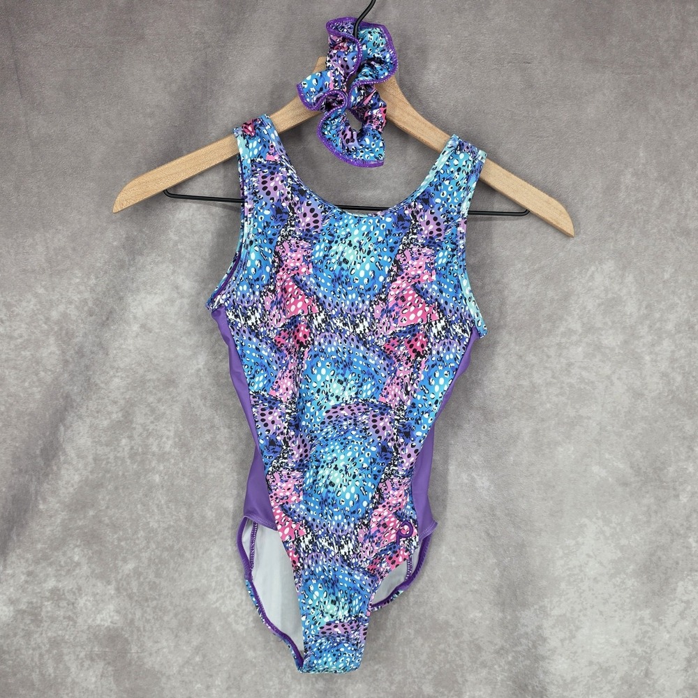 Plum Practicewear Gymnastics Leotard Purple Animal Print With Scrunchie Size AXS